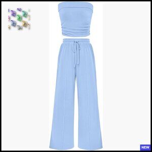 Ribbed Knit Crop Top Wide Leg Pants Matching Lounge Set Casual Comfy